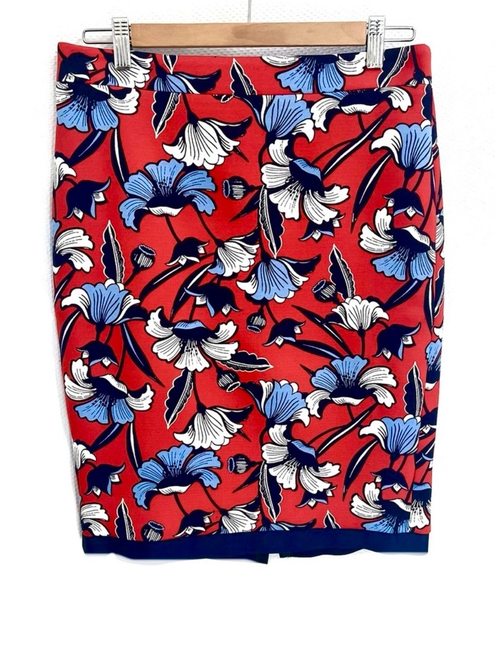 J. Crew Red Floral Pencil Skirt with Blue & White Blooms